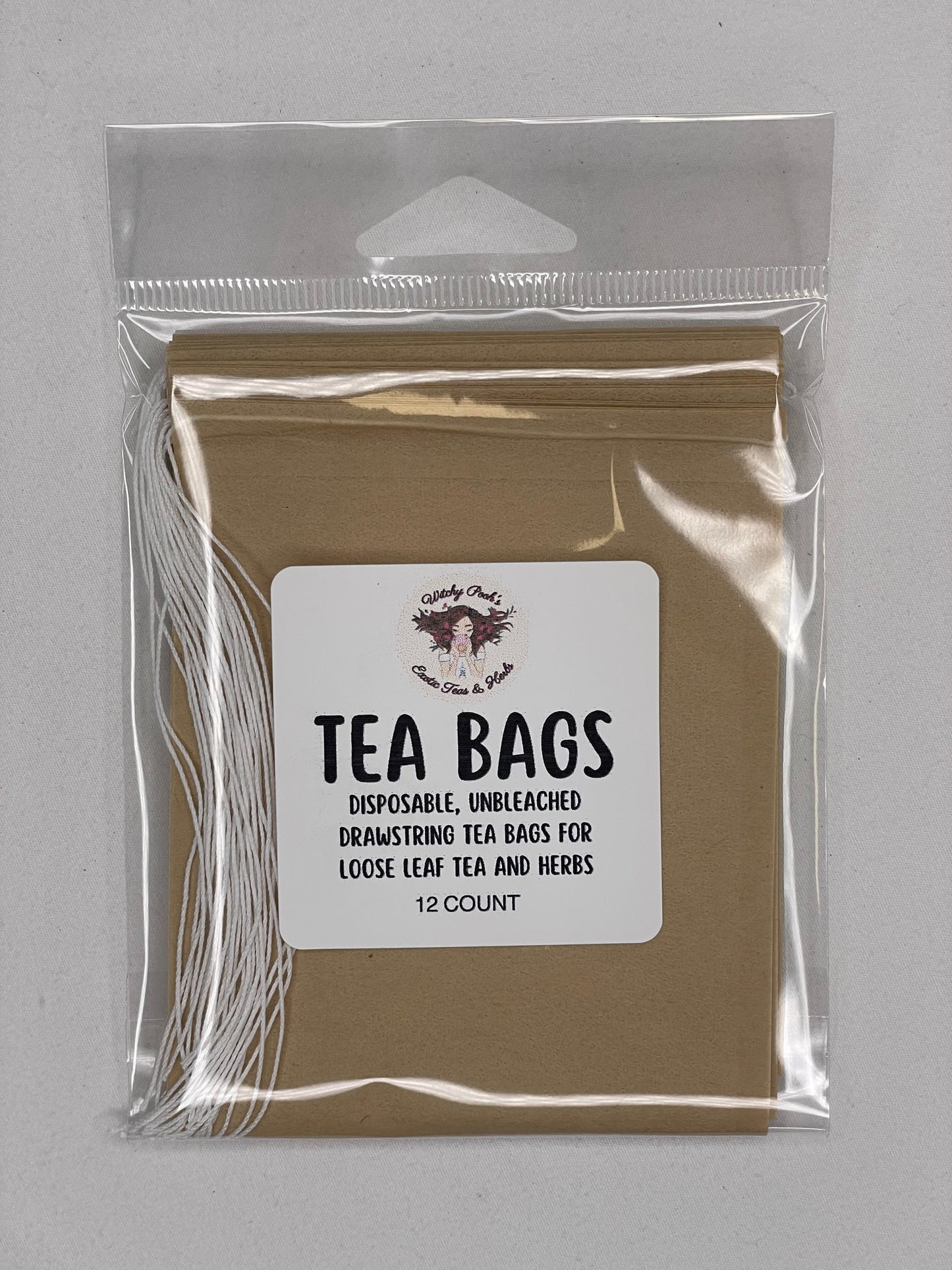 Witchy Pooh's Tea Bags for Loose Leaf Tea, 12 pack, Filtered, Disposable, Drawstring, Unbleached