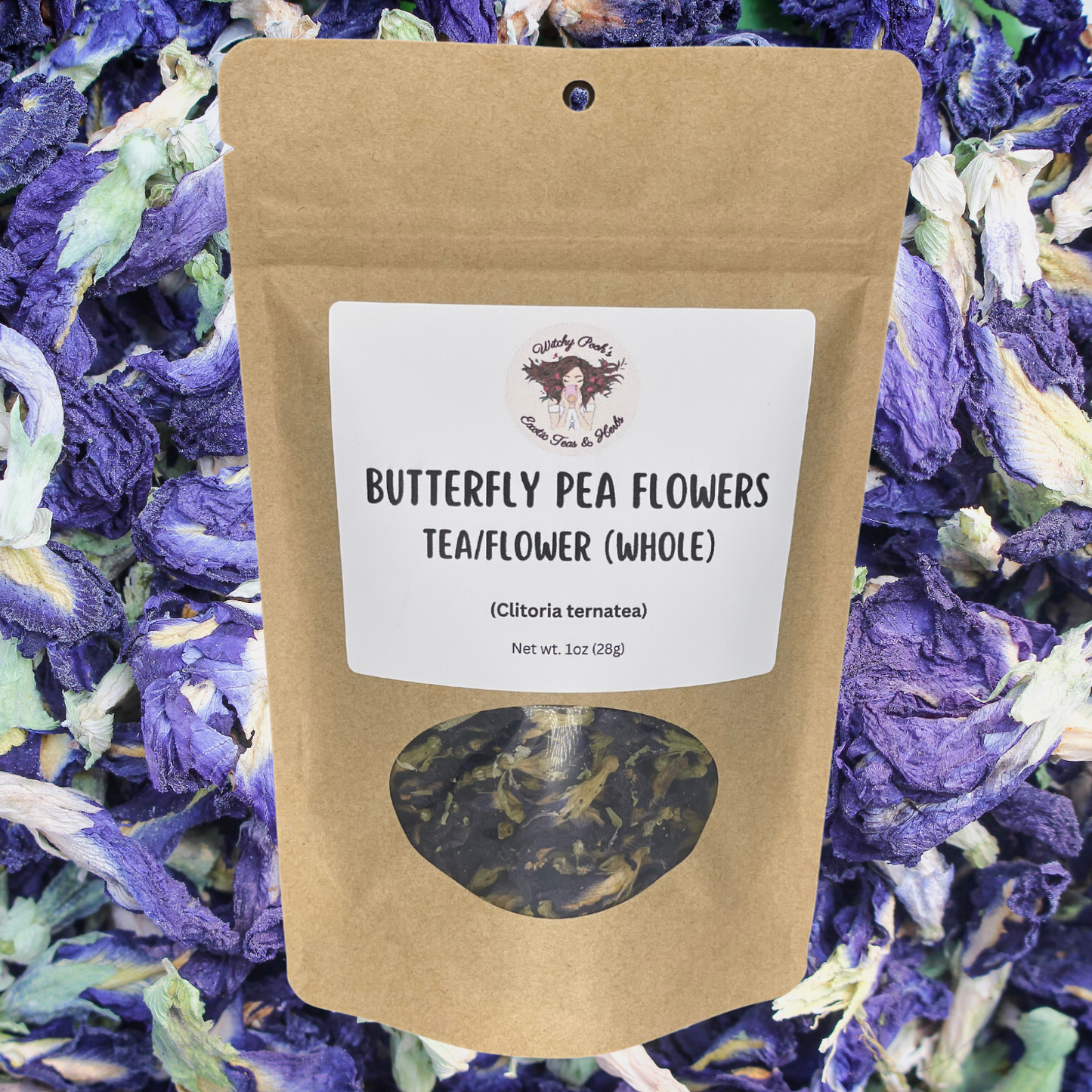 Witchy Pooh's Butterfly Pea Flower Loose Leaf Herbal Blue Colored Tea, Add Lime to Turn Purple!