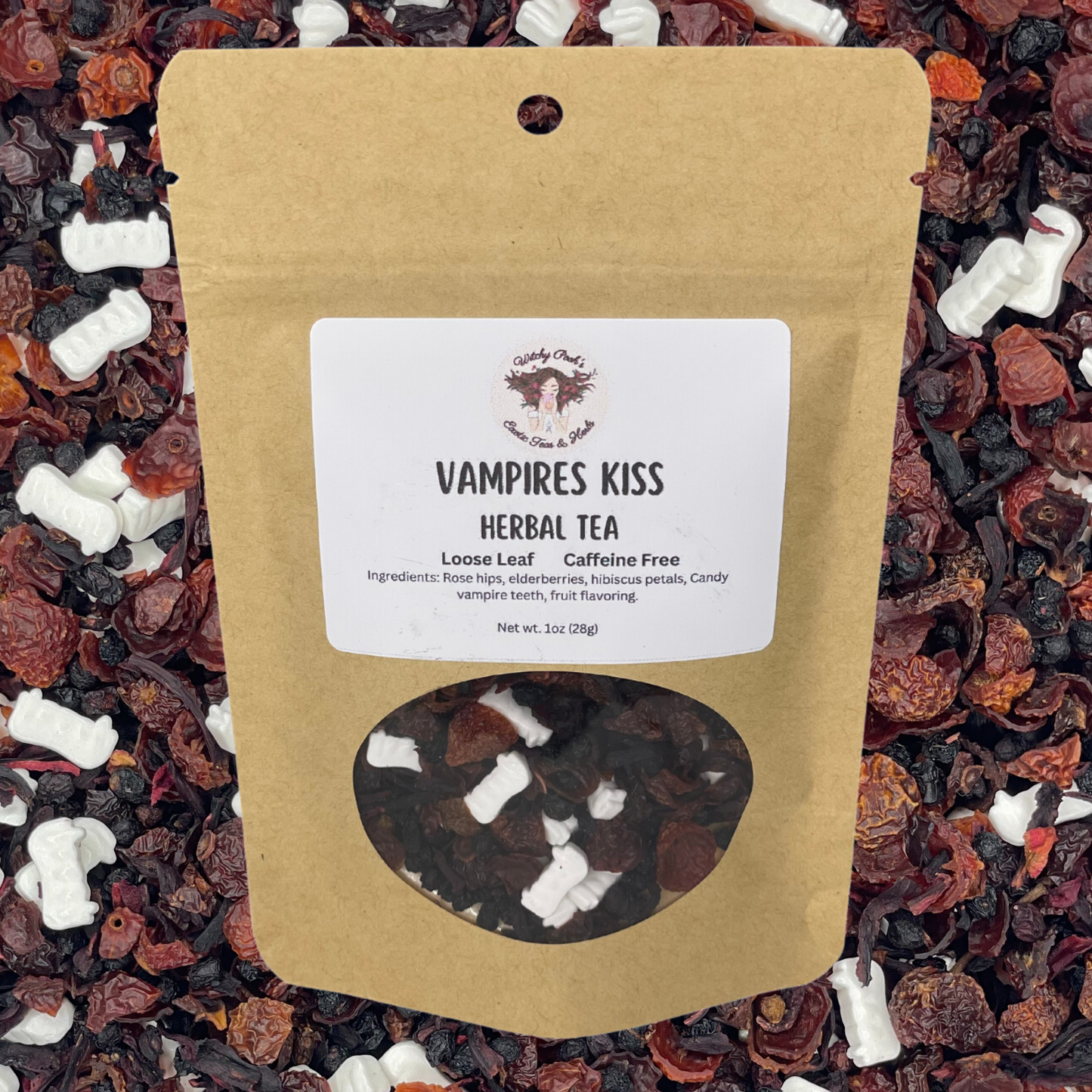 Witchy Pooh's Vampire's Kiss Loose Leaf Fruit Elderberry Herbal Tea with Candy Vampire Teeth, Caffeine Free