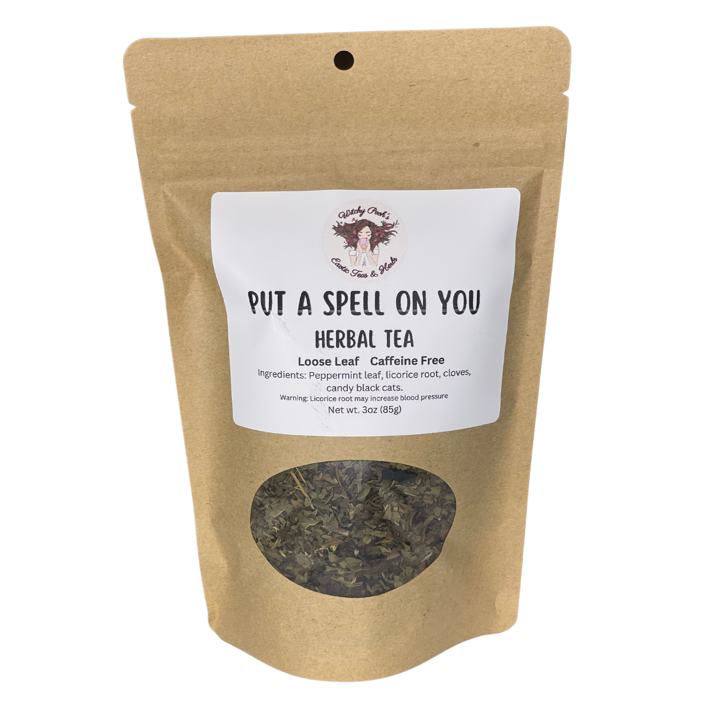 Witchy Pooh's Put A Spell On You Loose Leaf Licorice Peppermint Herbal Tea with Candy Black Cats, Caffeine Free