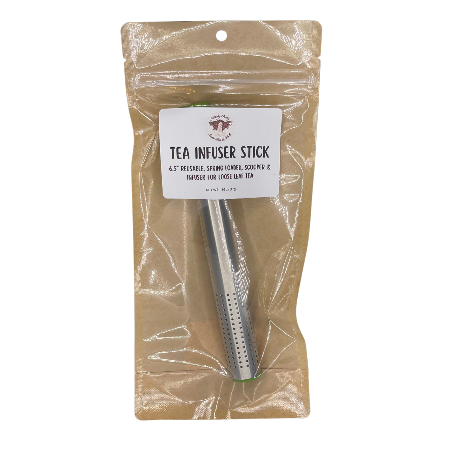 Witchy Pooh's Tea Infuser Spring Action Button Stick for Loose Leaf Tea and Herbs, Perfect for Travel, Easy to use, No Mess