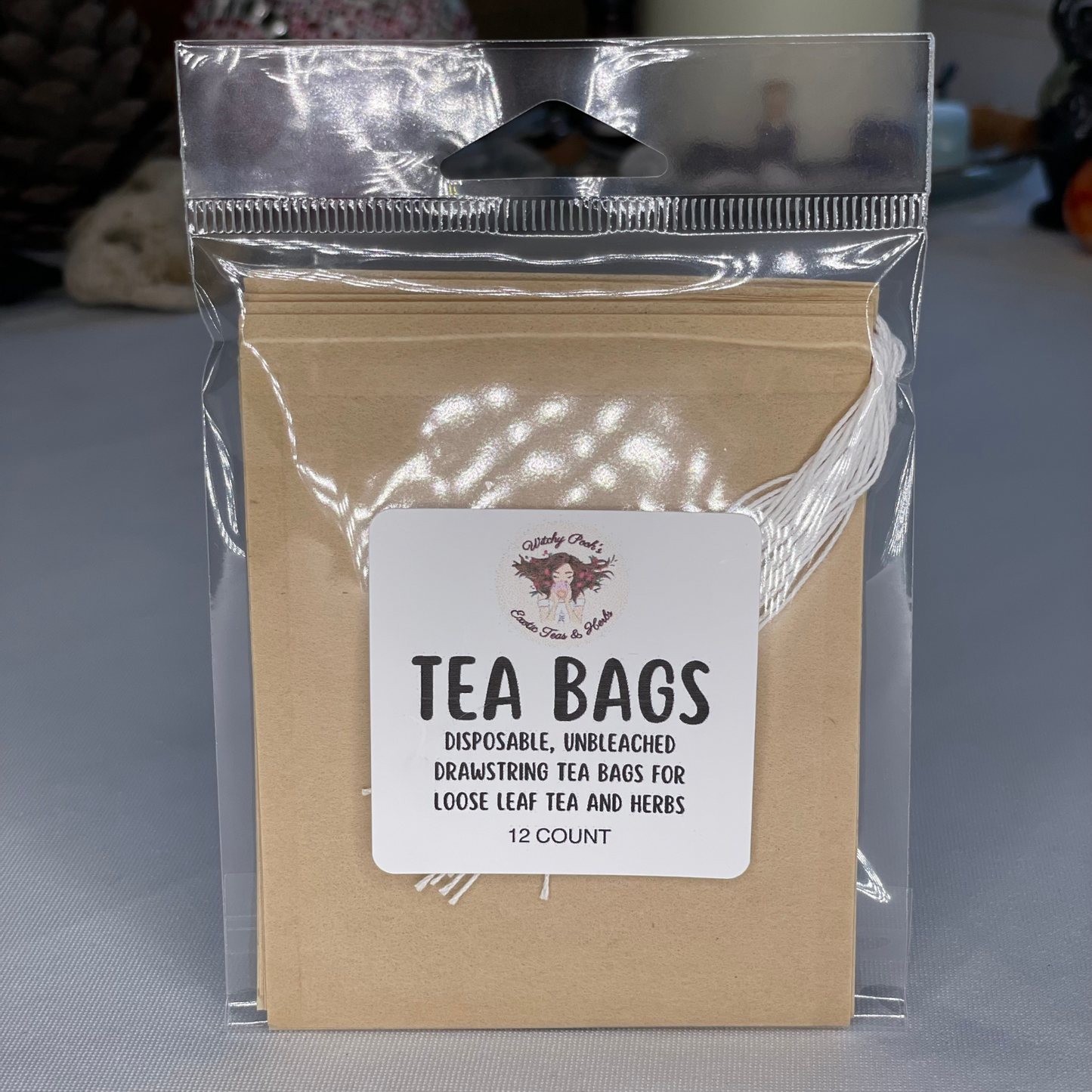 Witchy Pooh's Tea Bags for Loose Leaf Tea, 12 pack, Filtered, Disposable, Drawstring, Unbleached