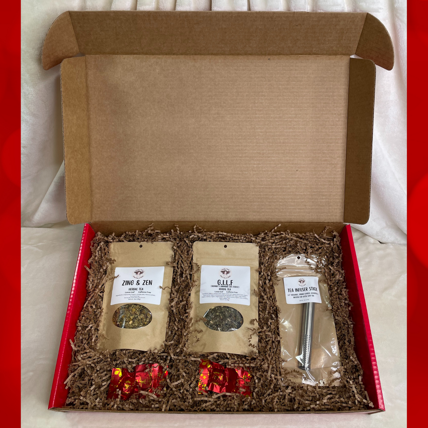 Witchy Pooh's Gift Box Set with 2-1oz Pouches of Tea, A Spring Action Tea Infuser Stick, 2 Blooming Tea Balls in a Large Red Mailer Box