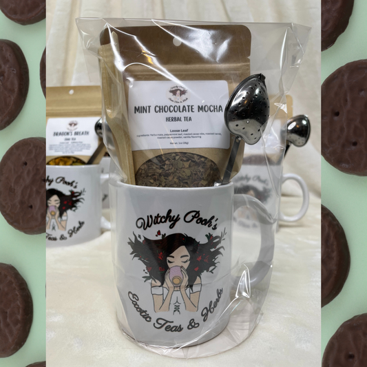 Witchy Pooh's Gift Mugs Sets Come with 1oz Pouch of Loose Leaf Tea, Heart Shaped Tea Strainer with Handle and a Wooden Spoon in a Witchy Pooh Mug