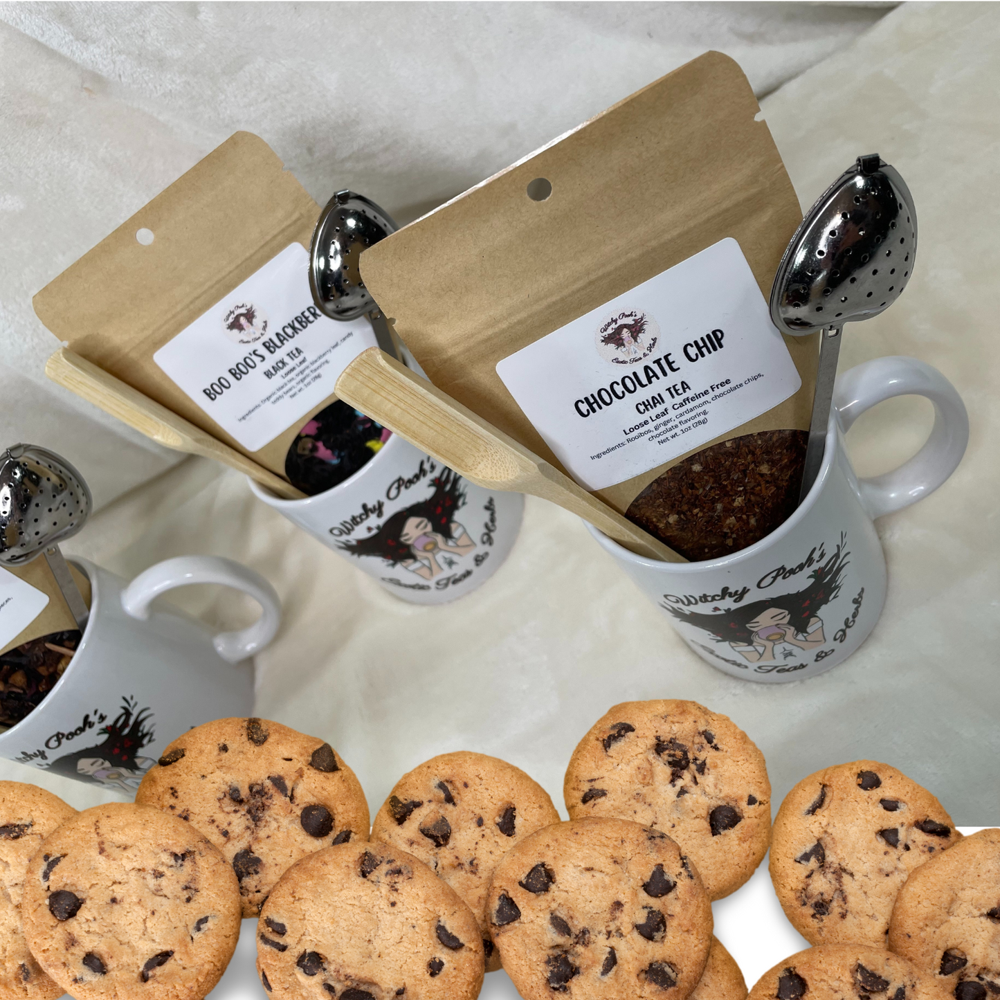 Witchy Pooh's Gift Mugs Sets Come with 1oz Pouch of Loose Leaf Tea, Heart Shaped Tea Strainer with Handle and a Wooden Spoon in a Witchy Pooh Mug