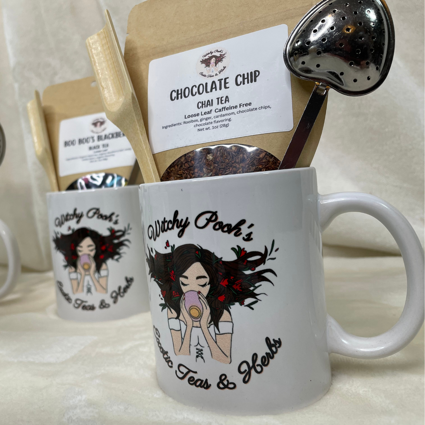 Witchy Pooh's Gift Mugs Sets Come with 1oz Pouch of Loose Leaf Tea, Heart Shaped Tea Strainer with Handle and a Wooden Spoon in a Witchy Pooh Mug