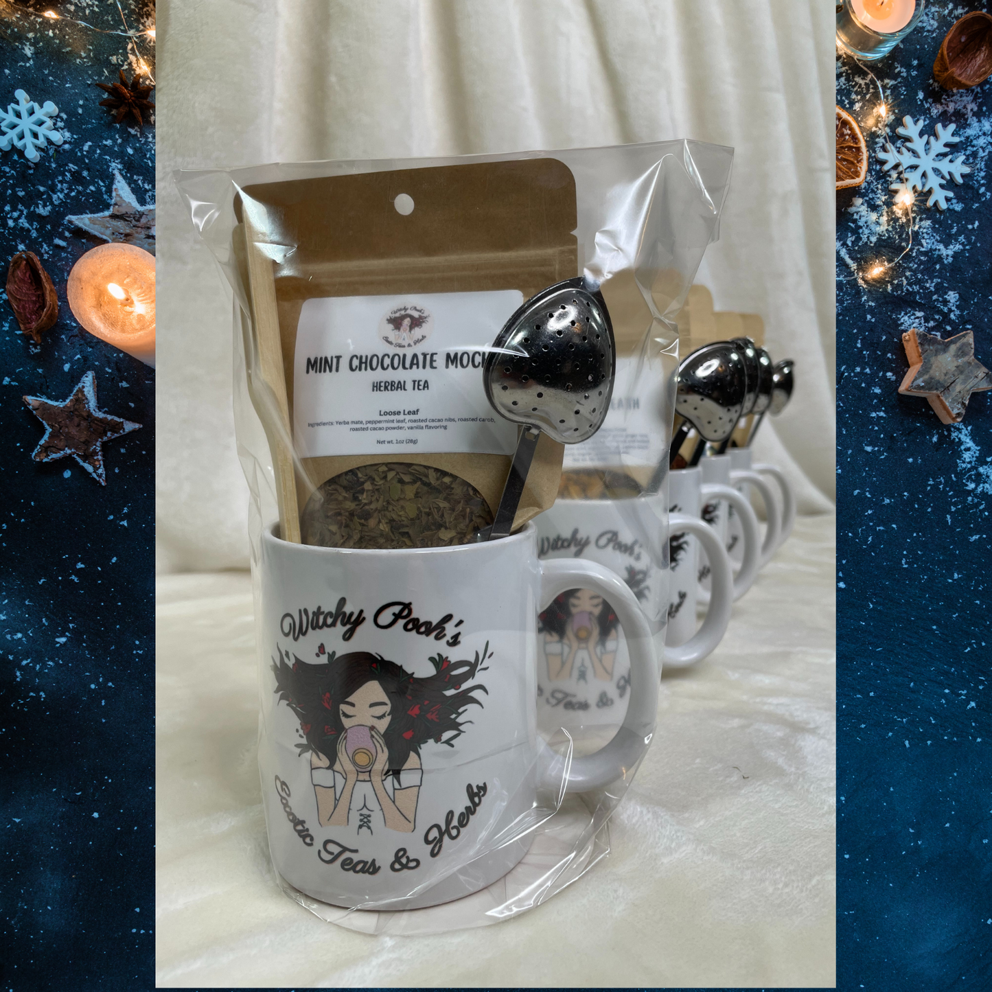 Witchy Pooh's Gift Mugs Sets Come with 1oz Pouch of Loose Leaf Tea, Heart Shaped Tea Strainer with Handle and a Wooden Spoon in a Witchy Pooh Mug