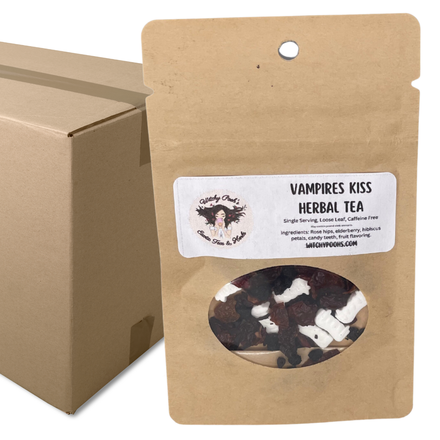 Witchy Pooh's Vampire's Kiss Loose Leaf Fruit Elderberry Herbal Tea with Candy Vampire Teeth, Caffeine Free