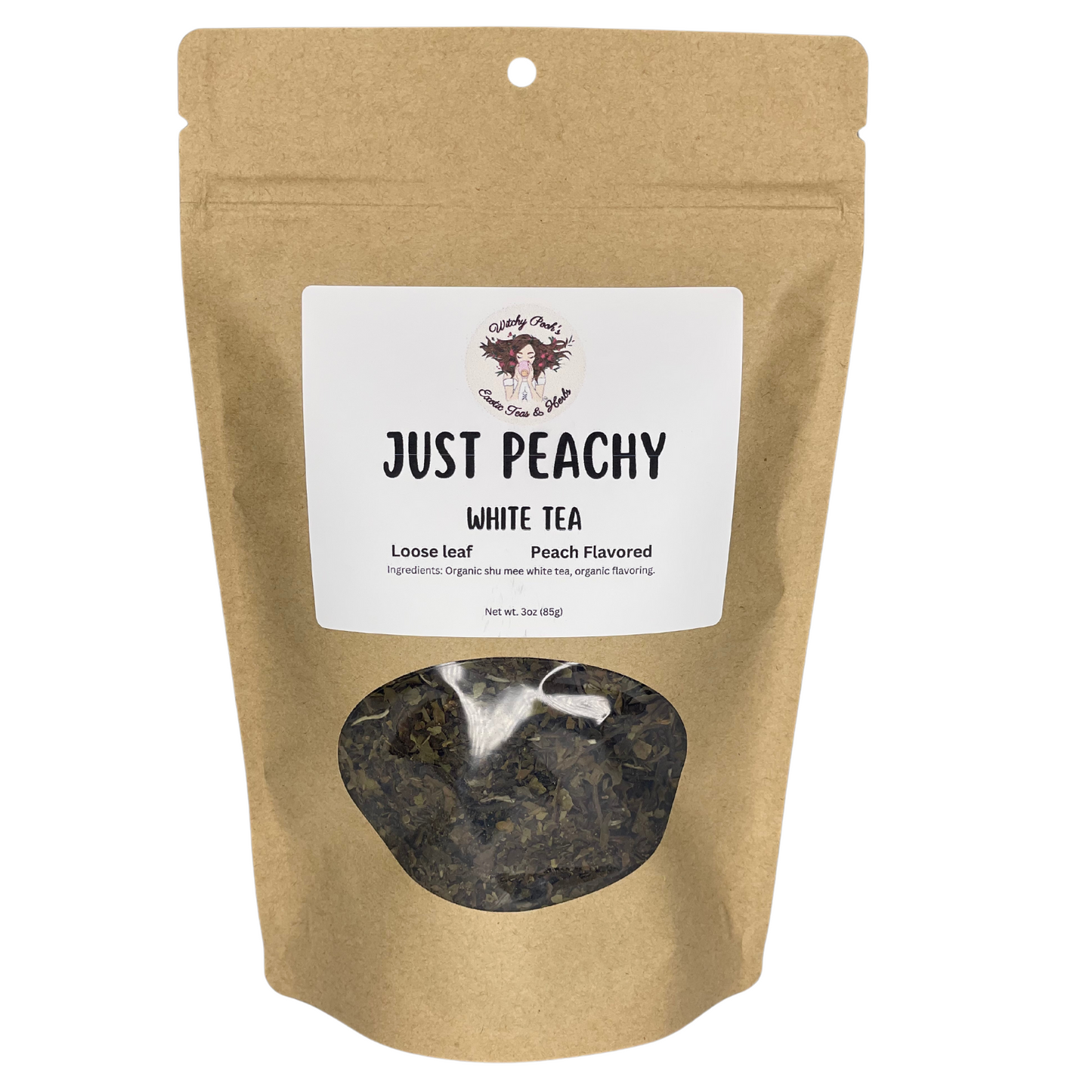 Witchy Pooh's Just Peachy Loose Leaf White Tea, Peach Flavored, Low Caffeine Content