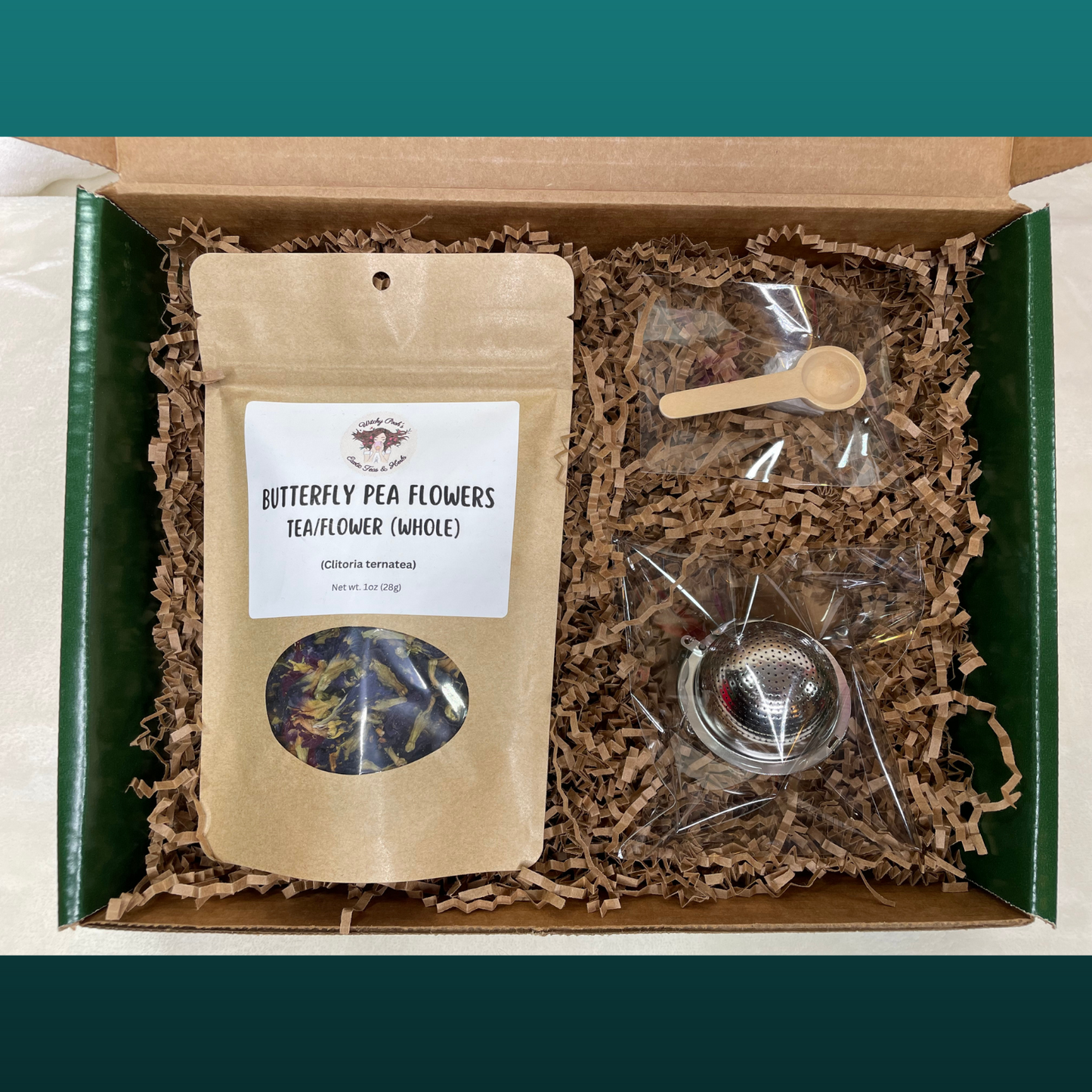 Witchy Pooh's Gift Box Set Green with a 1oz Pouch of Loose Leaf Tea, Stainless Steel Tea Ball and Wooden Spoon