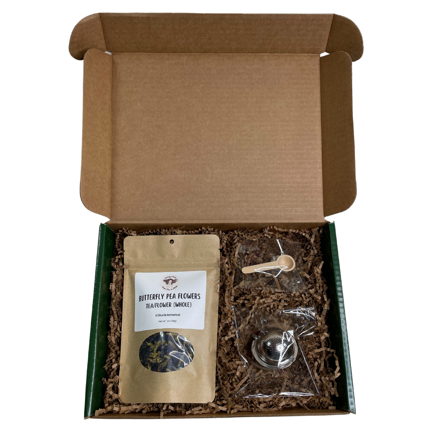 Witchy Pooh's Gift Box Set Green with a 1oz Pouch of Loose Leaf Tea, Stainless Steel Tea Ball and Wooden Spoon