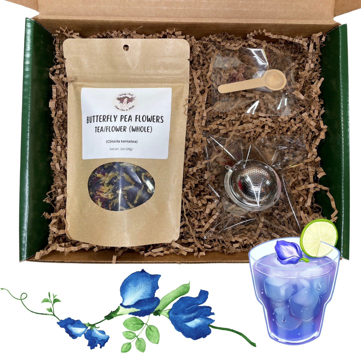 Witchy Pooh's Gift Box Set Green with a 1oz Pouch of Loose Leaf Tea, Stainless Steel Tea Ball and Wooden Spoon