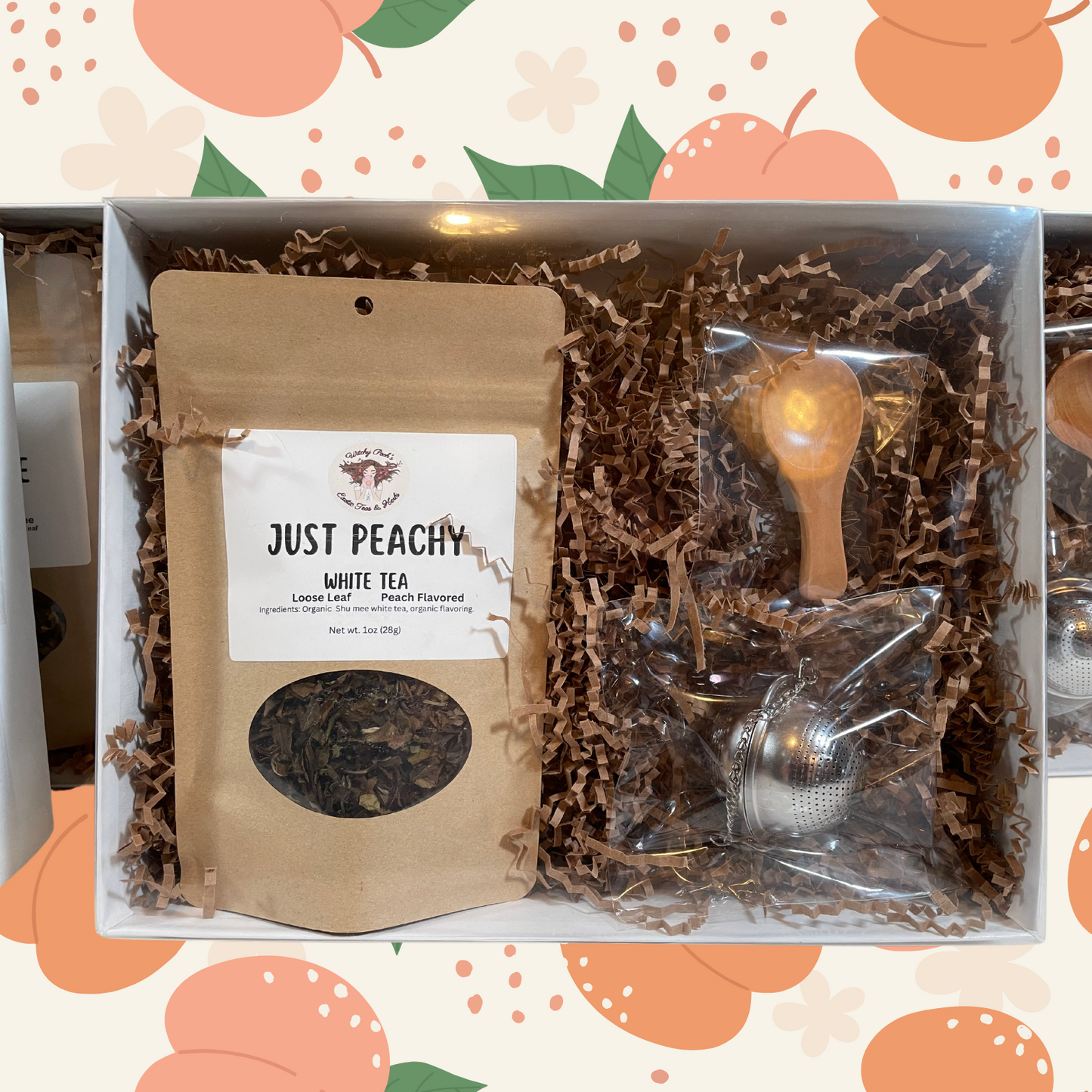 Witchy Pooh's Gift Box Set with Clear Lid Comes with 1oz Pouch of Loose Leaf Tea, Stainless Steel Tea Ball and Wooden Spoon