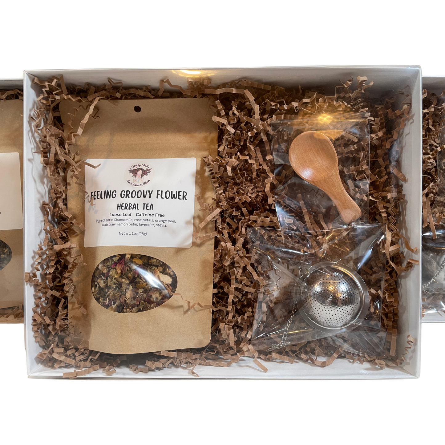 Witchy Pooh's Gift Box Set with Clear Lid Comes with 1oz Pouch of Loose Leaf Tea, Stainless Steel Tea Ball and Wooden Spoon