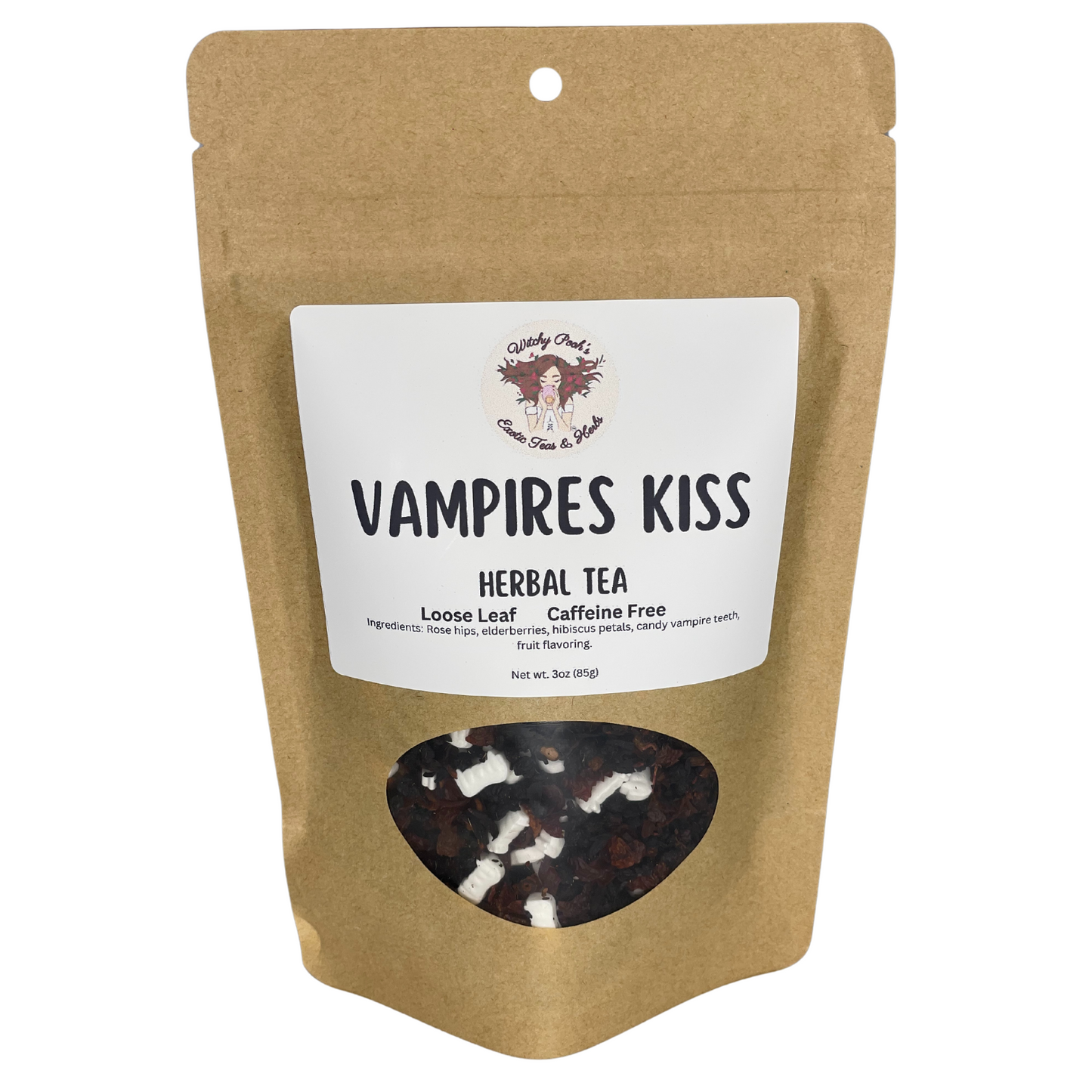 Witchy Pooh's Vampire's Kiss Loose Leaf Fruit Elderberry Herbal Tea with Candy Vampire Teeth, Caffeine Free