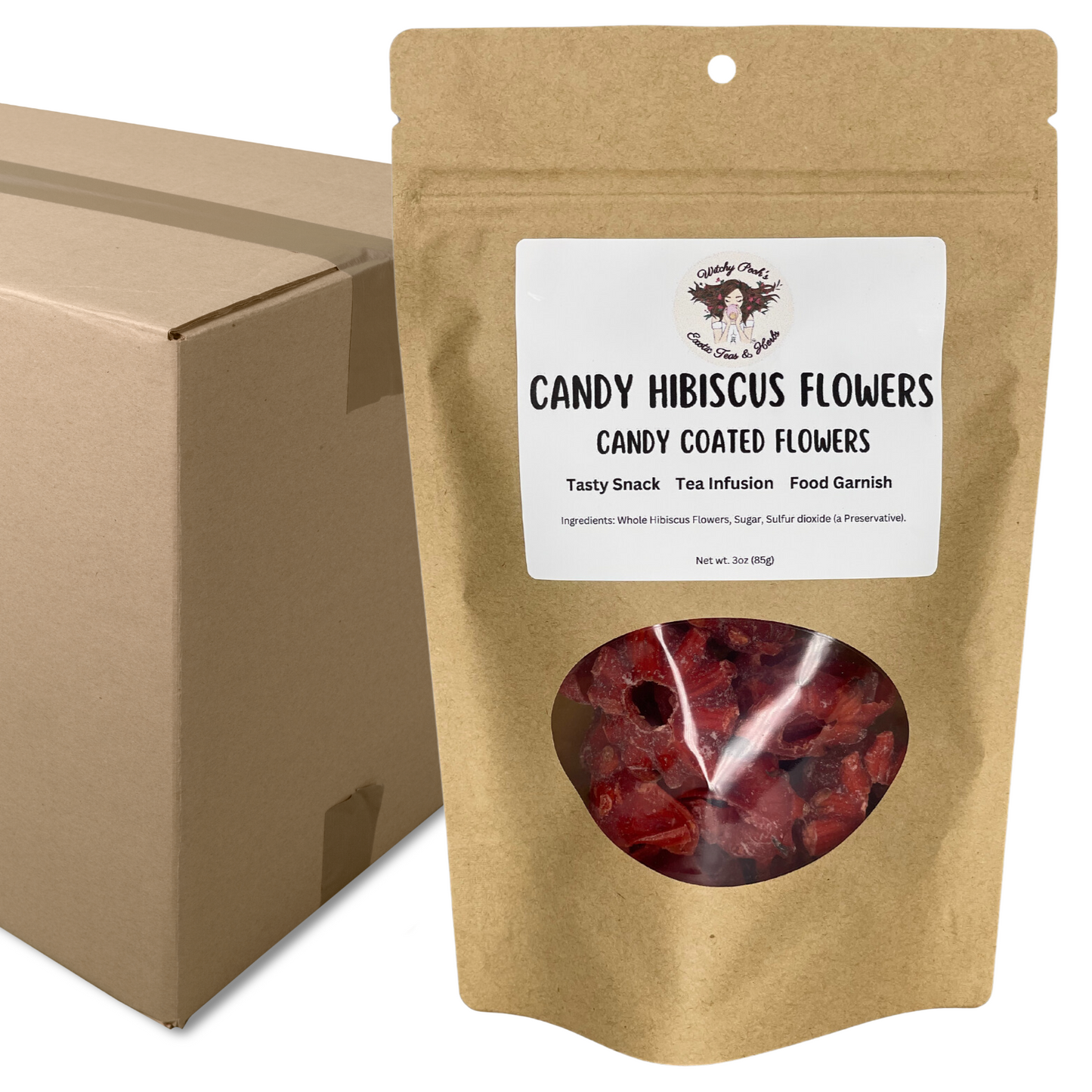 Witchy Pooh's Candy Hibiscus Flowers, Sweet Candy Coated Whole Bright Red Hibiscus Flowers, Addicting Snack!