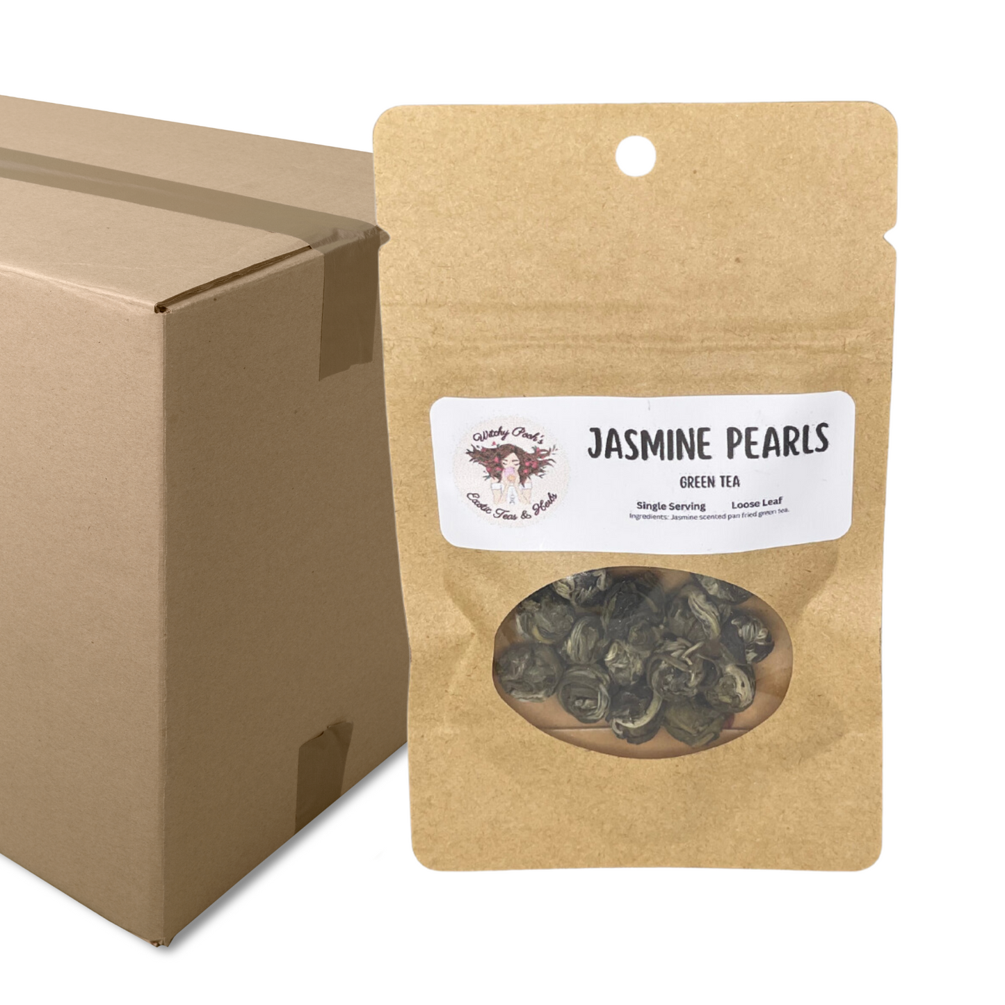 Witchy Pooh's Jasmine Pearls, Dragon Pearls, Loose Leaf Jasmine scented Pan Fried Sencha Green Tea