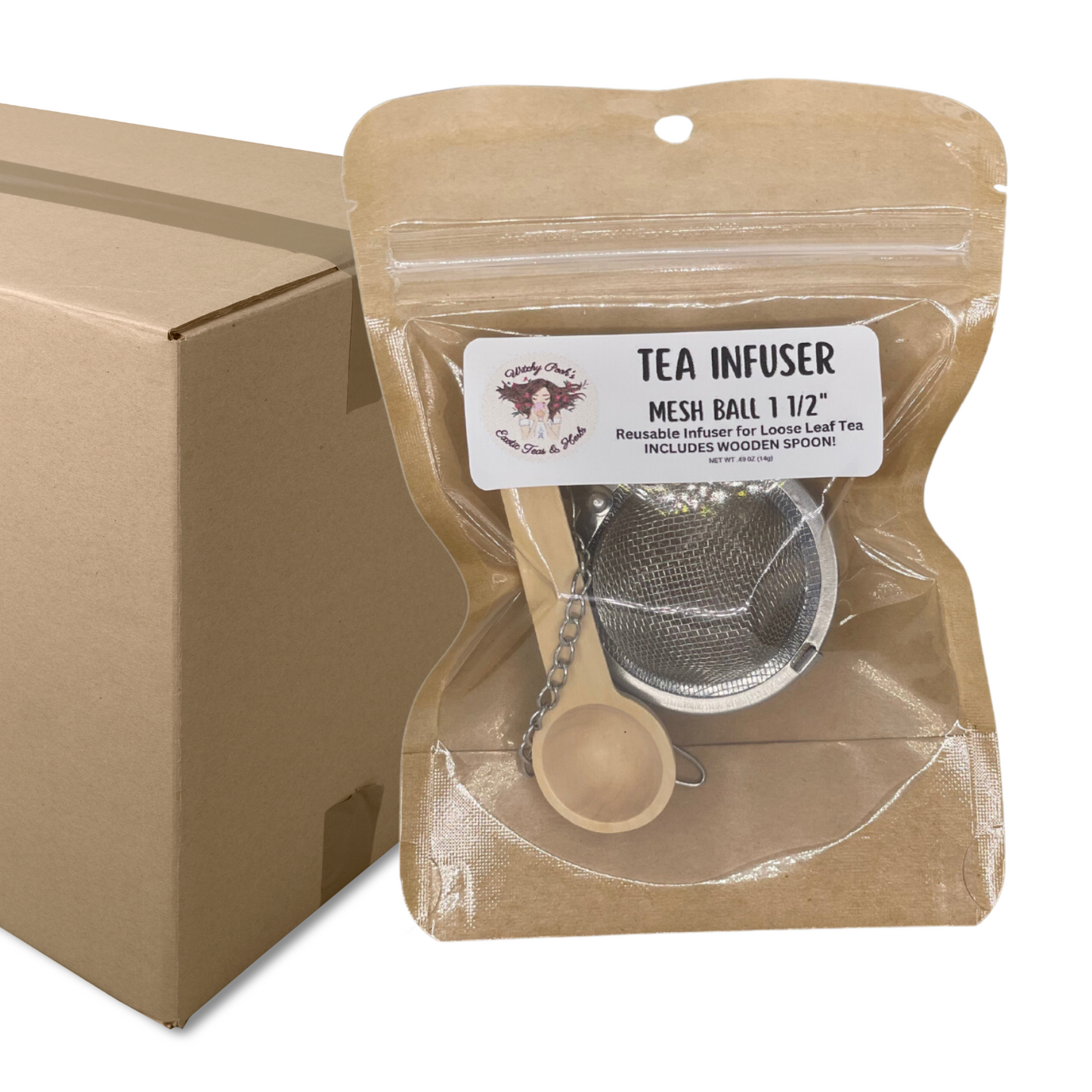 Witchy Pooh's Tea Infuser Mesh Ball for Brewing Loose Leaf Tea 1.5inch with FREE Wooden Spoon!